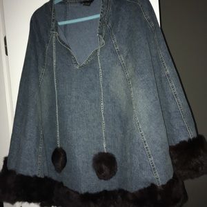 Denim cape with fur trim